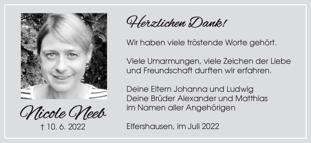  Traueranzeige für Nicole Neeb vom 09.07.2022 aus MGO