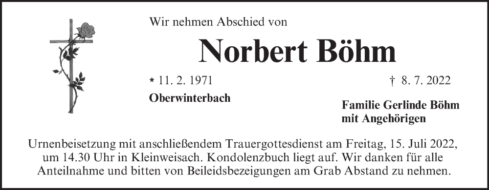  Traueranzeige für Norbert Böhm vom 13.07.2022 aus MGO