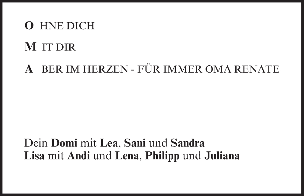  Traueranzeige für Oma Renate  vom 06.07.2022 aus MGO