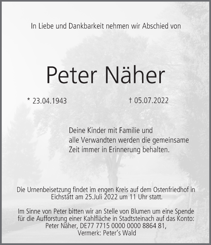  Traueranzeige für Peter Näher vom 16.07.2022 aus MGO
