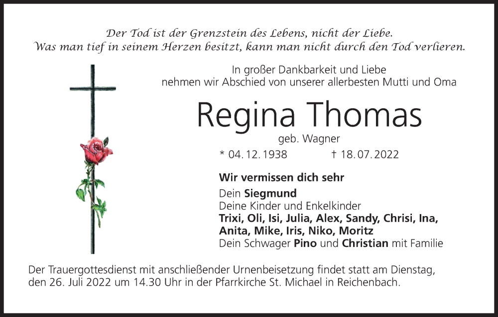  Traueranzeige für Regina Thomas vom 23.07.2022 aus MGO