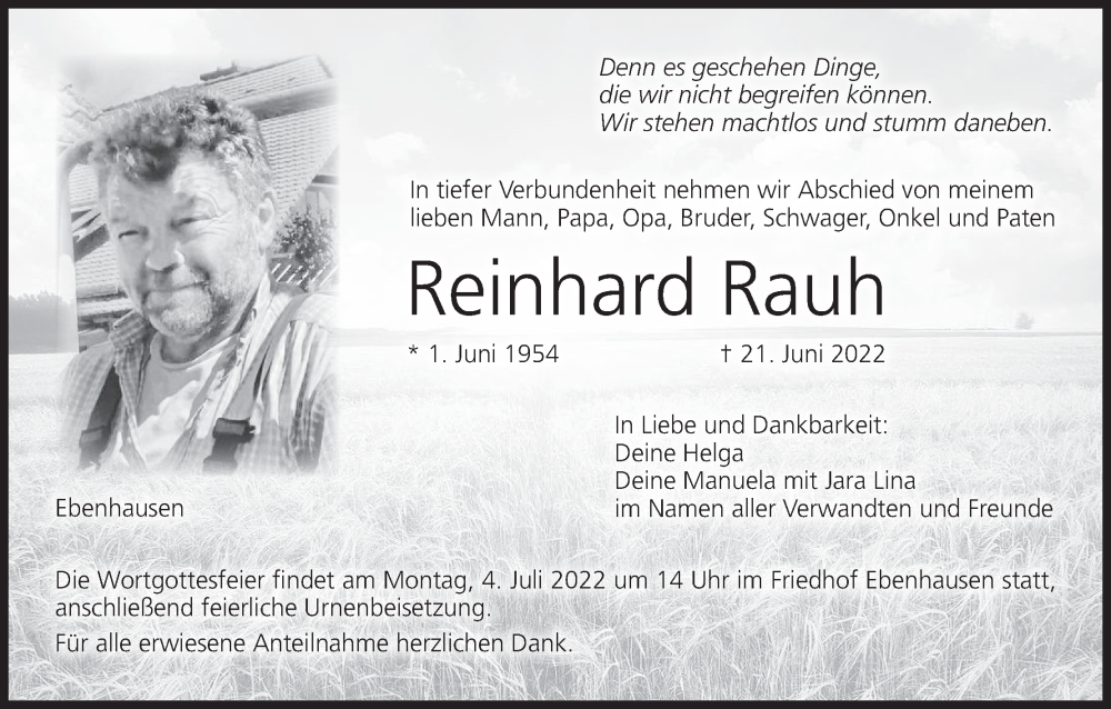  Traueranzeige für Reinhard Rauh vom 01.07.2022 aus MGO