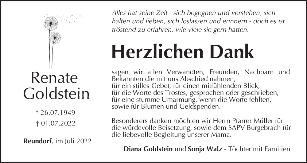  Traueranzeige für Renate Goldstein vom 30.07.2022 aus MGO