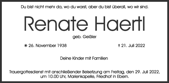 Anzeige von Renate Haertl von MGO
