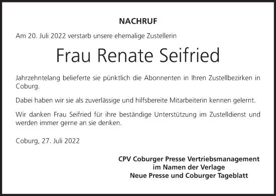 Anzeige von Renate Seifried von MGO