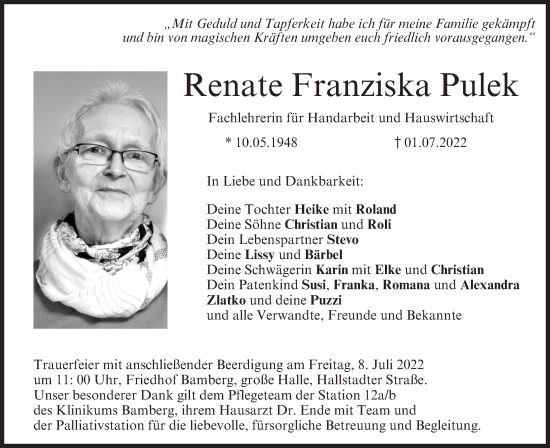 Anzeige von Renate Franziska Pulek von MGO
