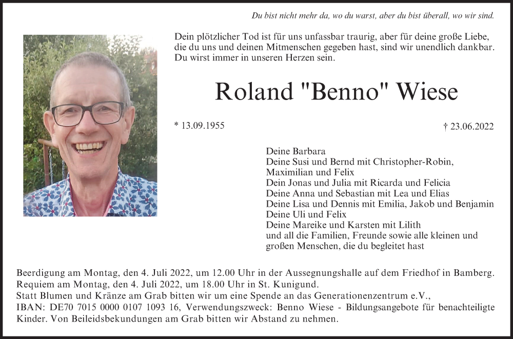  Traueranzeige für Roland Wiese vom 02.07.2022 aus MGO