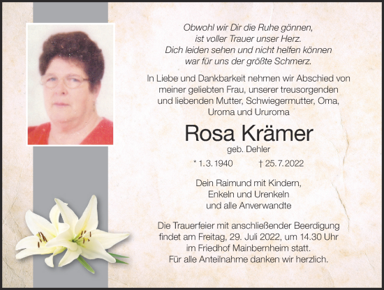 Anzeige von Rosa Krämer von MGO