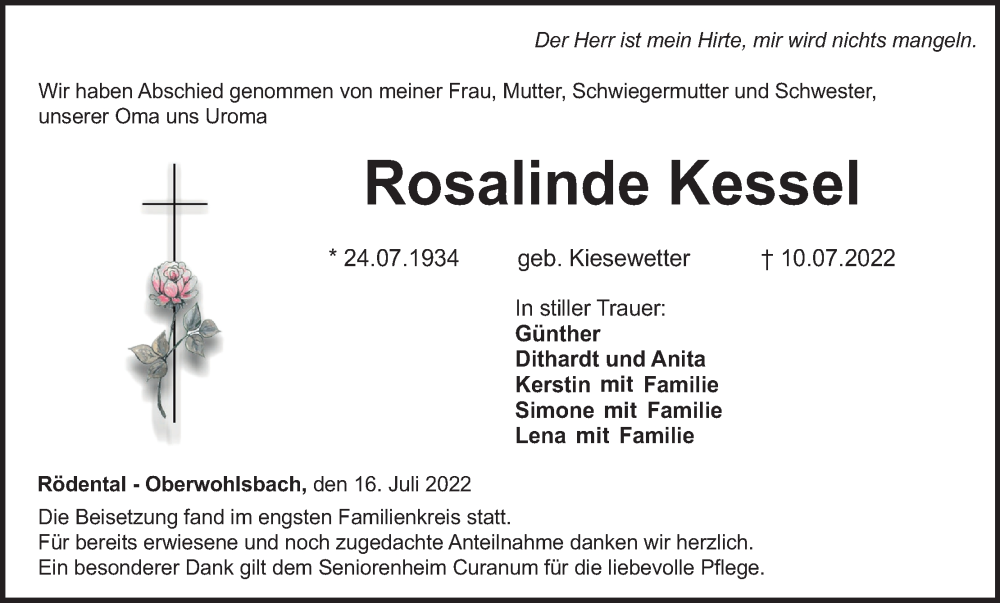  Traueranzeige für Rosalinde Kessel vom 16.07.2022 aus MGO