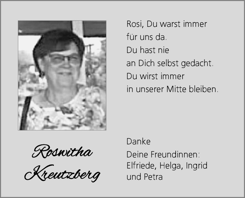  Traueranzeige für Roswitha Kreutzberg vom 16.07.2022 aus MGO