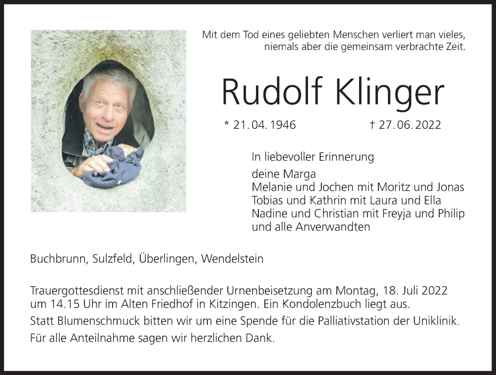  Traueranzeige für Rudolf Klinger vom 14.07.2022 aus MGO