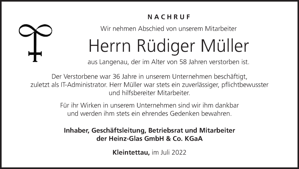  Traueranzeige für Rüdiger Müller vom 20.07.2022 aus MGO