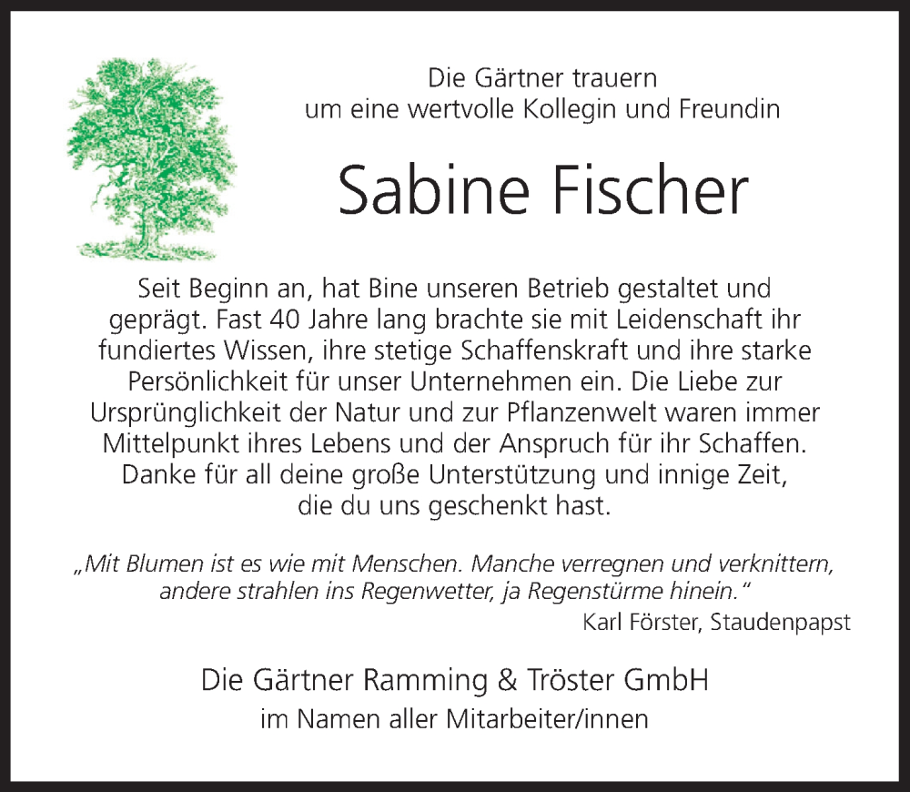 Traueranzeige für Sabine Fischer vom 02.07.2022 aus MGO