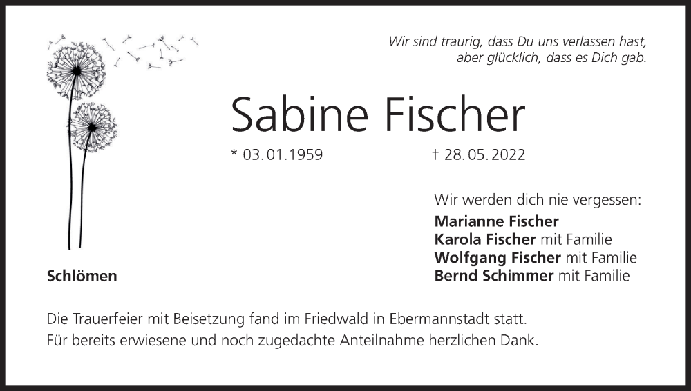  Traueranzeige für Sabine Fischer vom 02.07.2022 aus MGO
