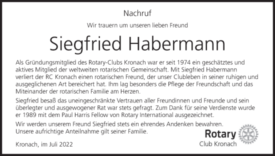 Anzeige von Siegfried Habermann von MGO