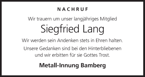Anzeige von Siegfried Lang von MGO