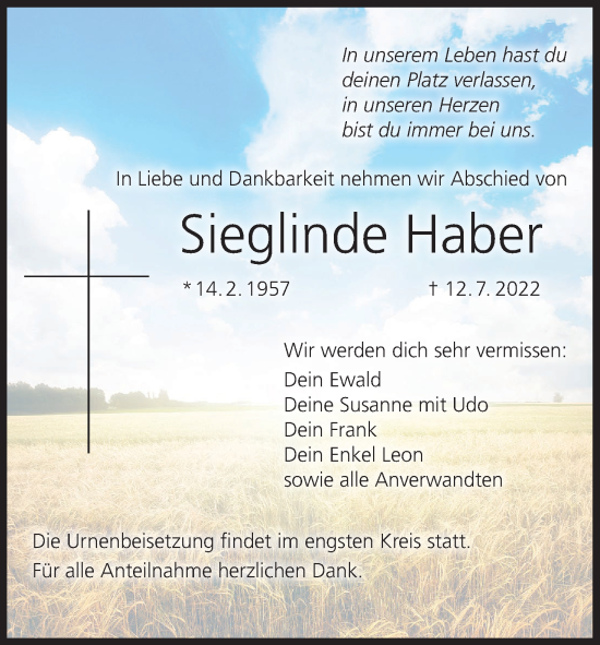 Anzeige von Sieglinde Haber von MGO