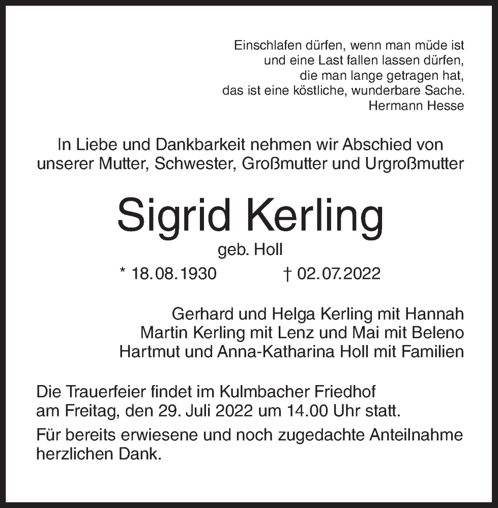  Traueranzeige für Sigrid Kerling vom 23.07.2022 aus MGO
