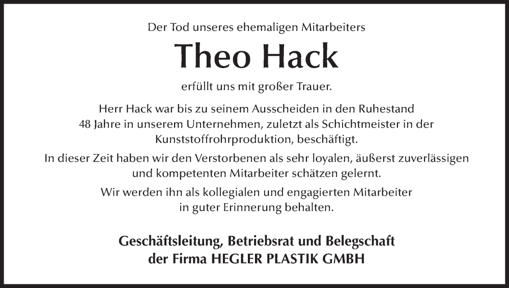  Traueranzeige für Theo Hack vom 27.07.2022 aus MGO