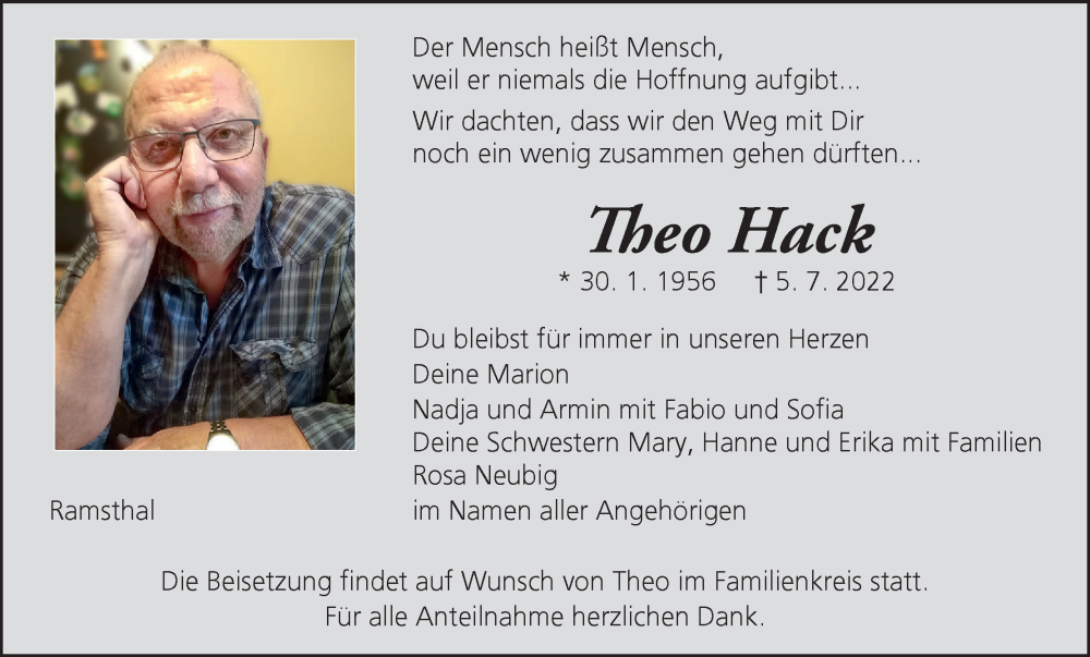  Traueranzeige für Theo Hack vom 09.07.2022 aus MGO