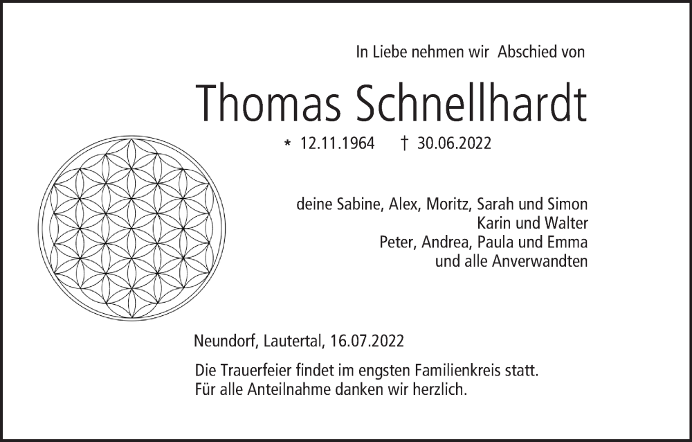  Traueranzeige für Thomas Schnellhardt vom 16.07.2022 aus MGO