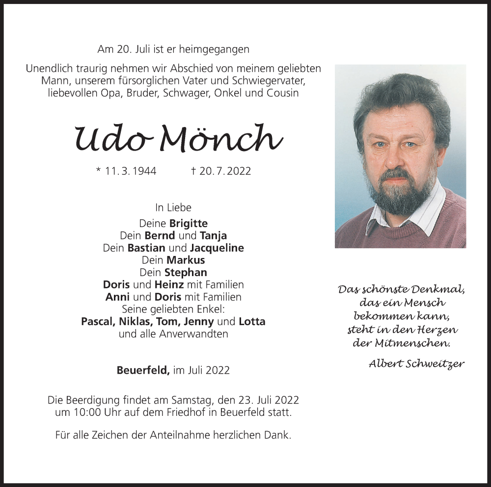  Traueranzeige für Udo Mönch vom 22.07.2022 aus MGO