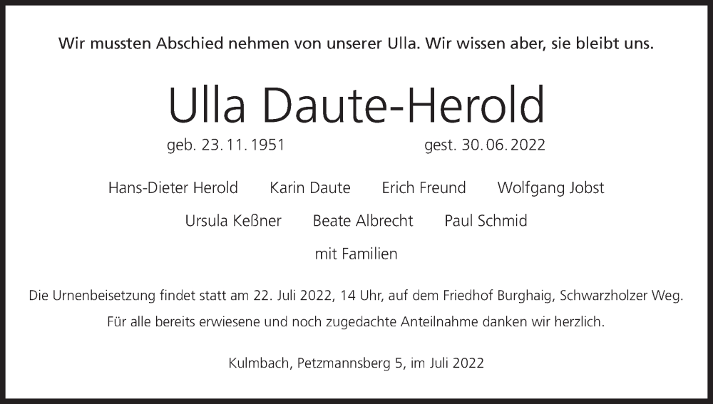  Traueranzeige für Ulla Daute-Herold vom 16.07.2022 aus MGO