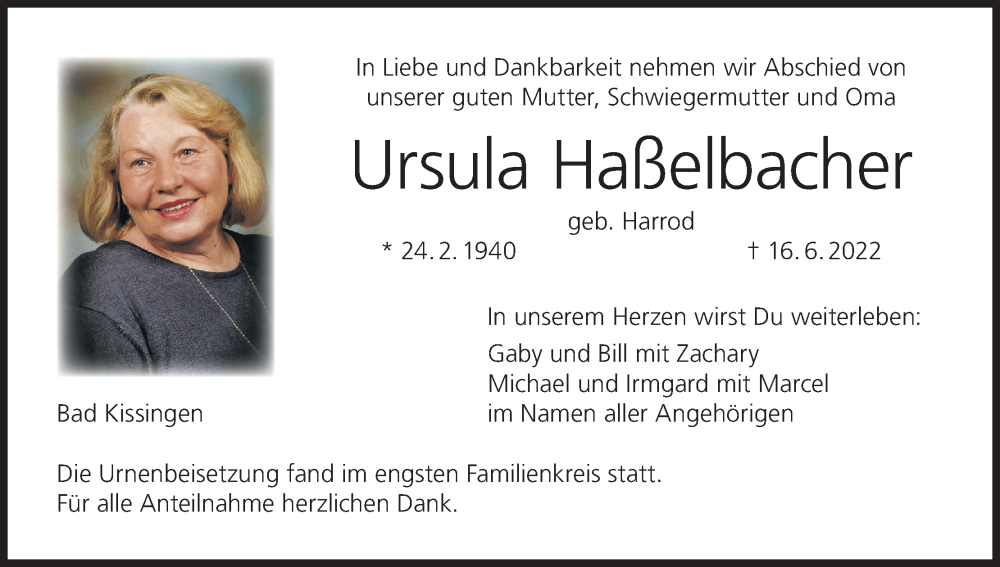  Traueranzeige für Ursula Haßelbacher vom 09.07.2022 aus MGO