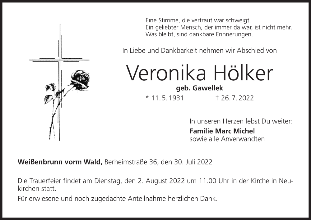  Traueranzeige für Veronika Hölker vom 30.07.2022 aus MGO