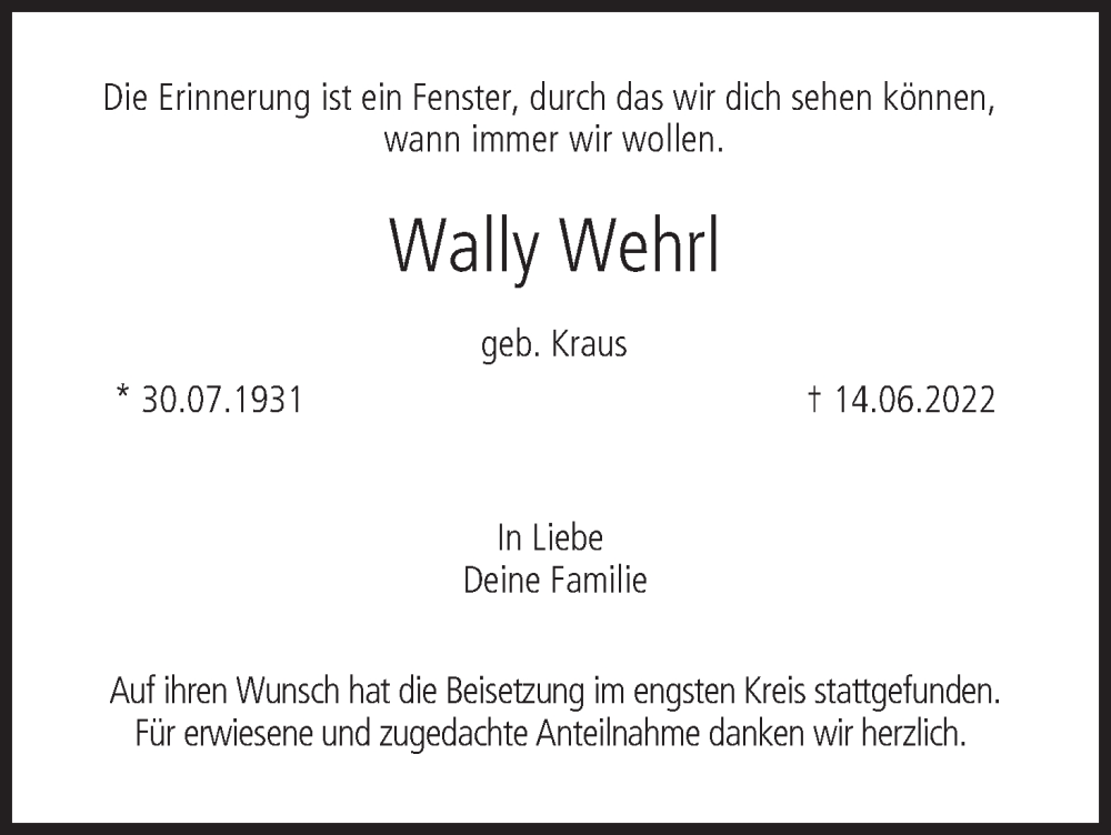  Traueranzeige für Wally Wehrl vom 09.07.2022 aus MGO