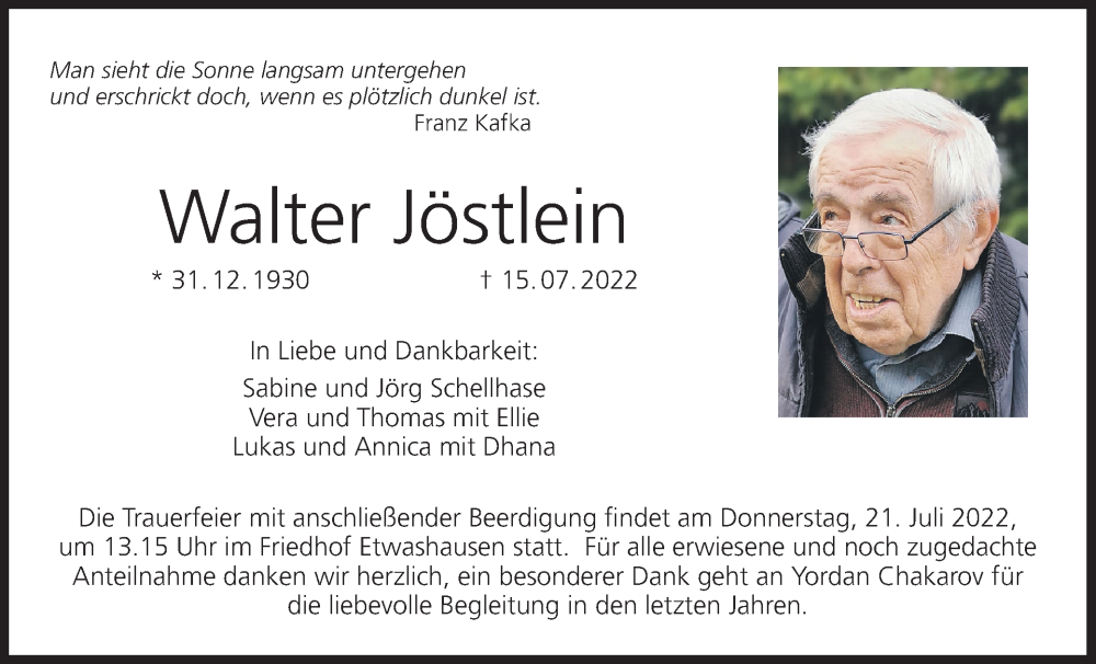  Traueranzeige für Walter Jöstlein vom 19.07.2022 aus MGO