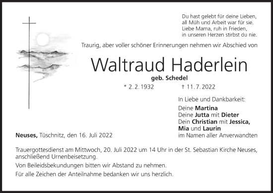 Anzeige von Waltraud Haderlein von MGO