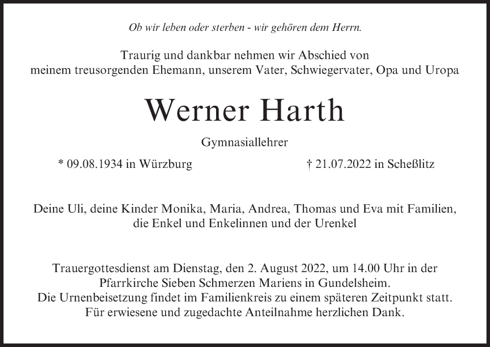  Traueranzeige für Werner Harth vom 30.07.2022 aus MGO