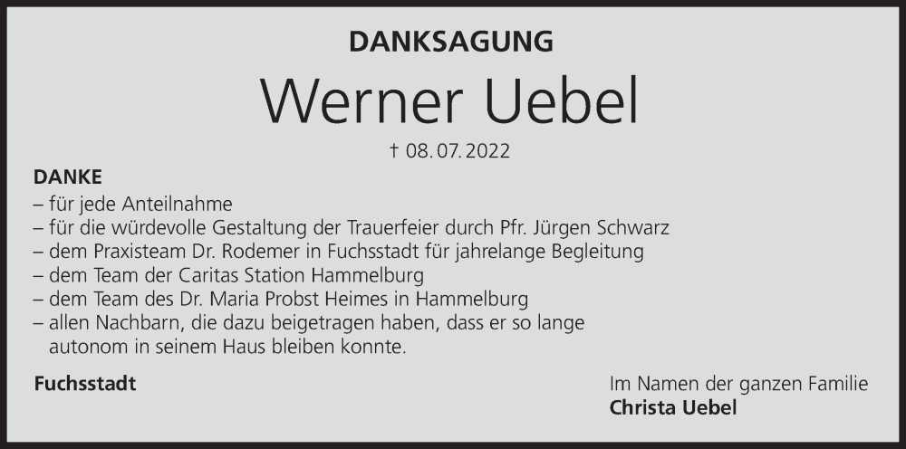  Traueranzeige für Werner Uebel vom 30.07.2022 aus MGO