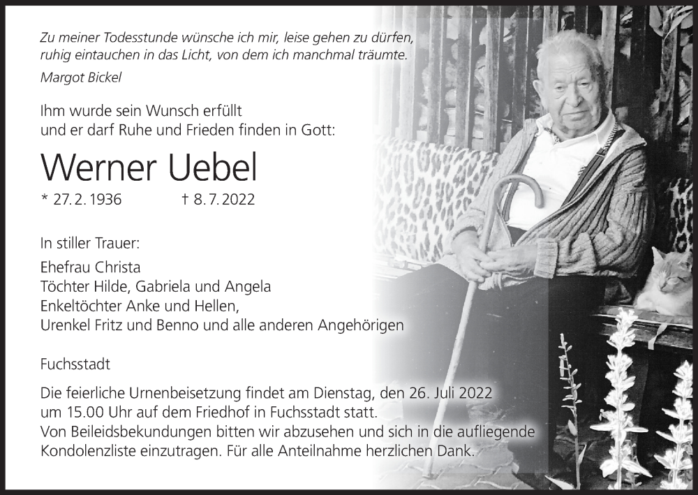 Traueranzeige für Werner Uebel vom 16.07.2022 aus MGO