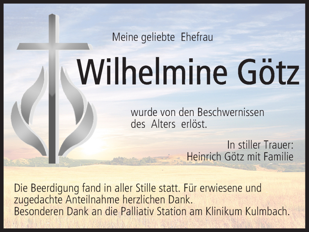  Traueranzeige für Wilhelmine Götz vom 20.07.2022 aus MGO