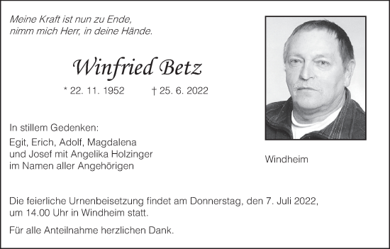 Anzeige von Winfried Betz von MGO