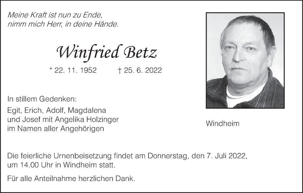  Traueranzeige für Winfried Betz vom 02.07.2022 aus MGO