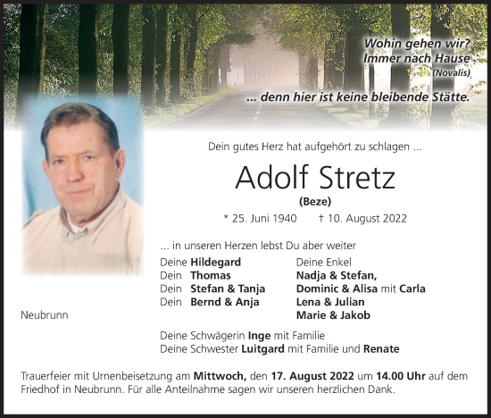 Anzeige von Adolf Stretz von MGO