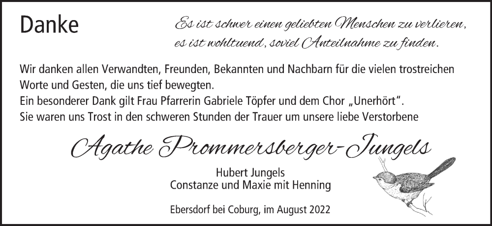 Traueranzeige für Agathe Prommersberger-Jungels vom 13.08.2022 aus MGO