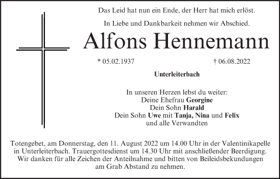 Anzeige von Alfons Hennemann von MGO