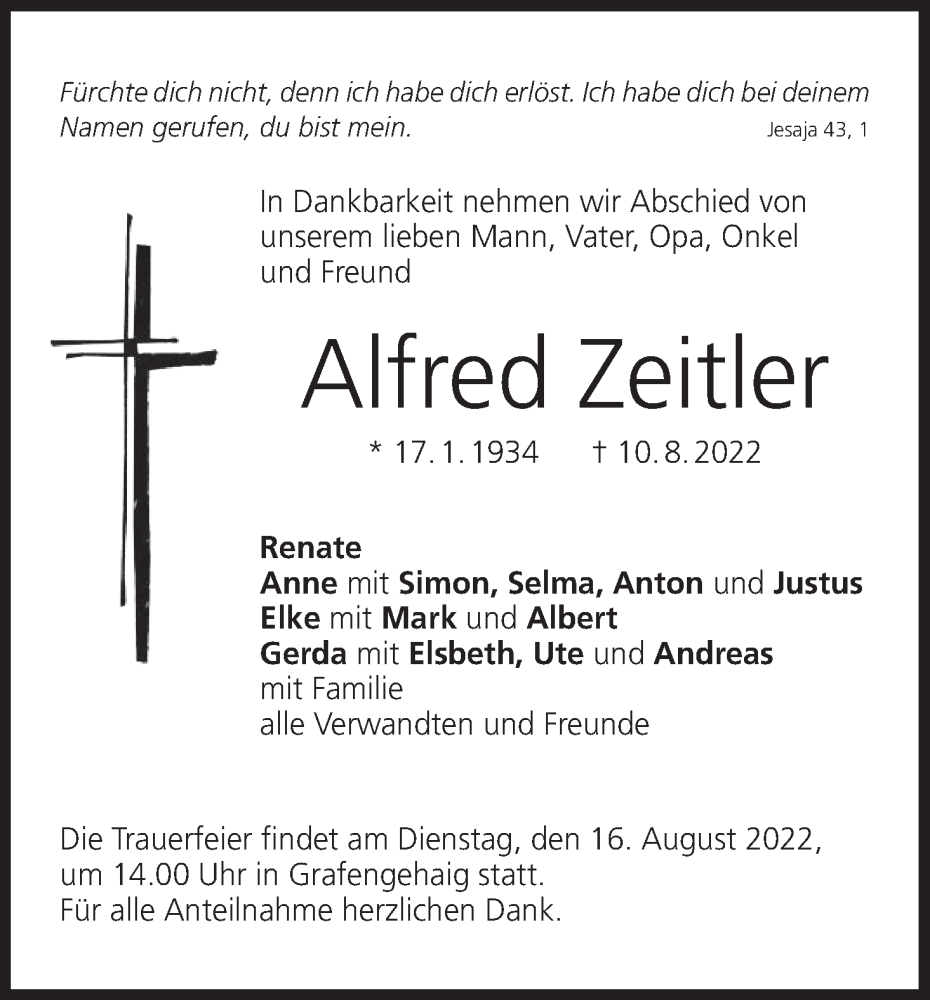  Traueranzeige für Alfred Zeitler vom 13.08.2022 aus MGO