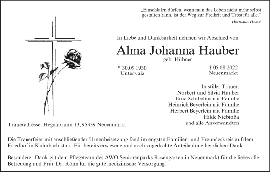 Anzeige von Alma Johanna Hauber von MGO