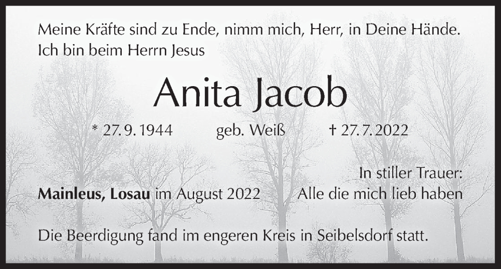  Traueranzeige für Anita Jacob vom 04.08.2022 aus MGO