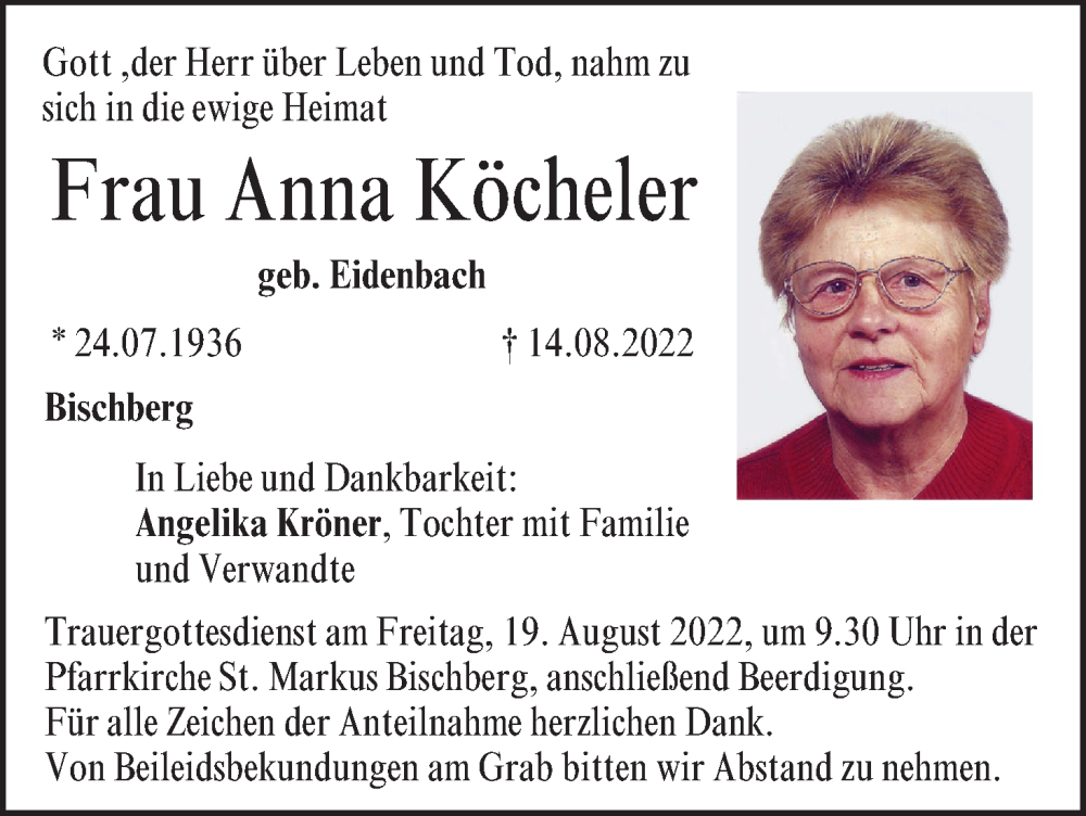  Traueranzeige für Anna Köcheler vom 18.08.2022 aus MGO