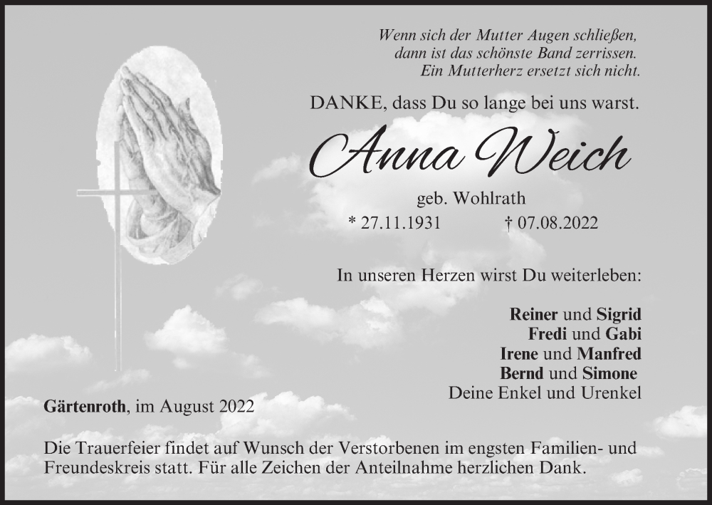  Traueranzeige für Anna Weich vom 17.08.2022 aus MGO