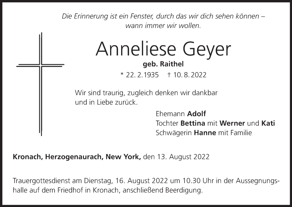  Traueranzeige für Anneliese Geyer vom 13.08.2022 aus MGO