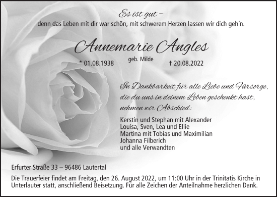 Anzeige von Annemarie Angles von MGO