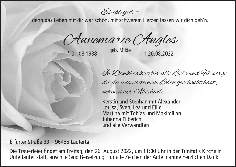  Traueranzeige für Annemarie Angles vom 24.08.2022 aus MGO