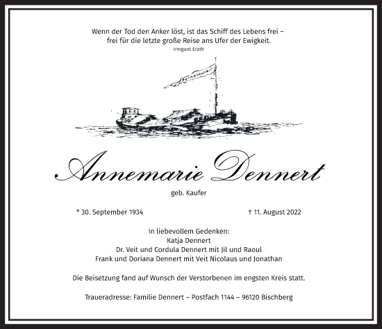 Anzeige von Annemarie Dennert von MGO